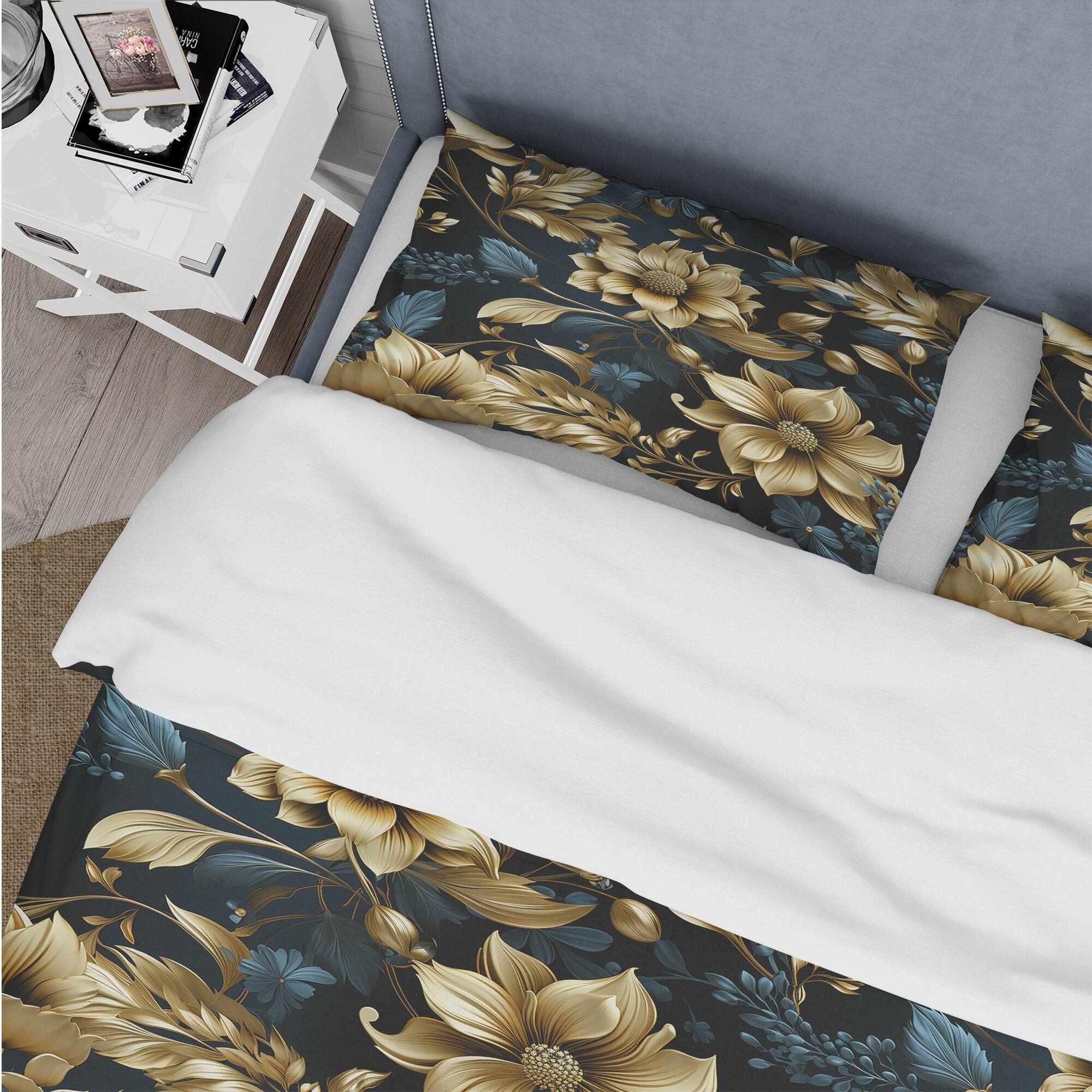 Designart "Dark Blue And Golden Gilded Damask Glamour IV" Gold Damask bedding set with shams